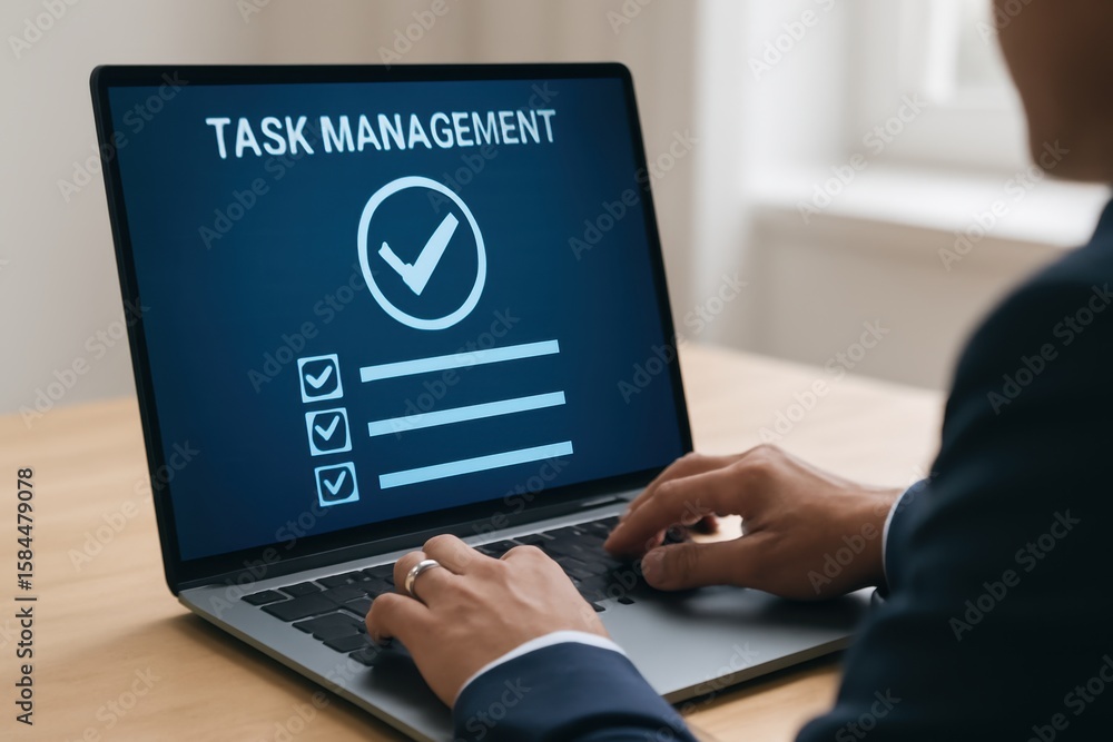 Poster professional task management software interface on laptop screen with checklists for efficient proje