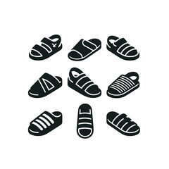 A collection of nine black graphic icons depicting various styles of casual summer sandals and slides.