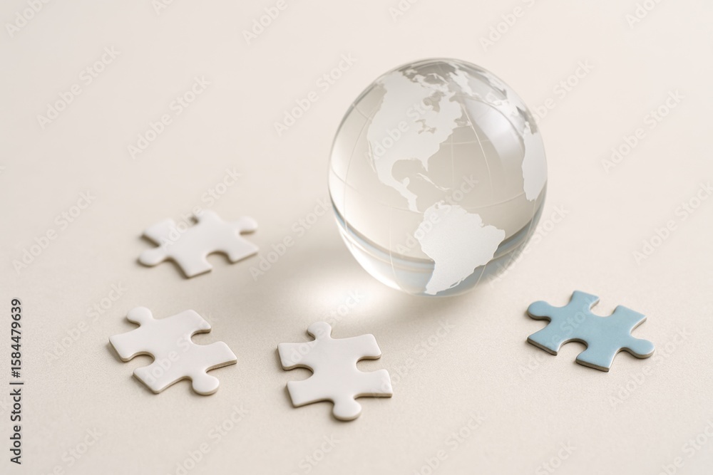 Poster clear glass globe on a minimalistic surface surrounded by white puzzle pieces highlighting the conce