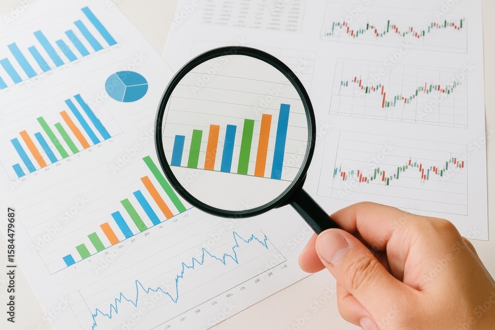 Poster analyzing financial data with a magnifying glass over colorful charts and graphs on a desk in an off