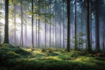 Morning mist in woods near Bad Marienberg Westerwald Rhineland Palatinate Germany