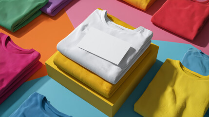 Flatlay of stack of colorful shirts display on vibrant background.