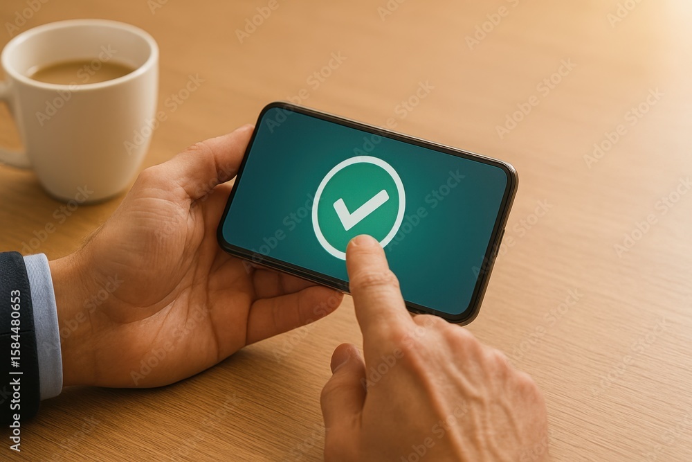 Poster hand of a business professional interacting with a smartphone displaying a checkmark icon, symbolizi