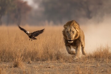 Adult male African lion chasing away a vulture from its prey in Mana Pools National Park Zimbabwe