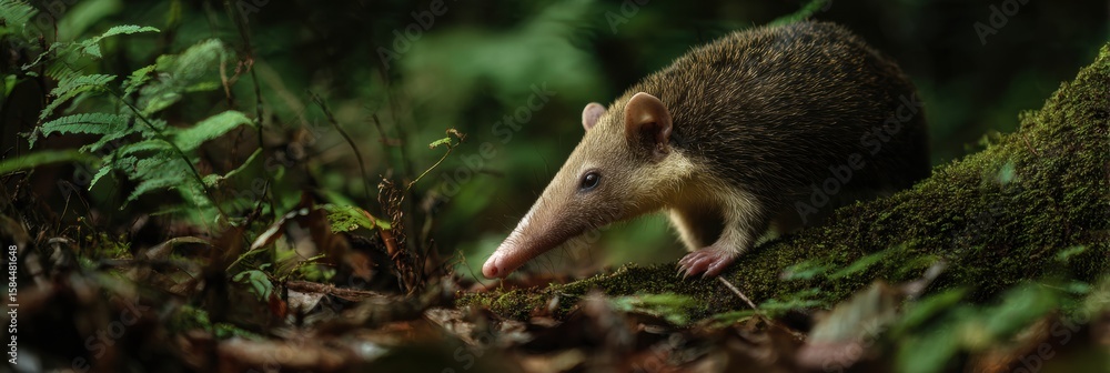 Poster solenodon exploring the forest floor in rich greens and soft light, showcasing its unique features w