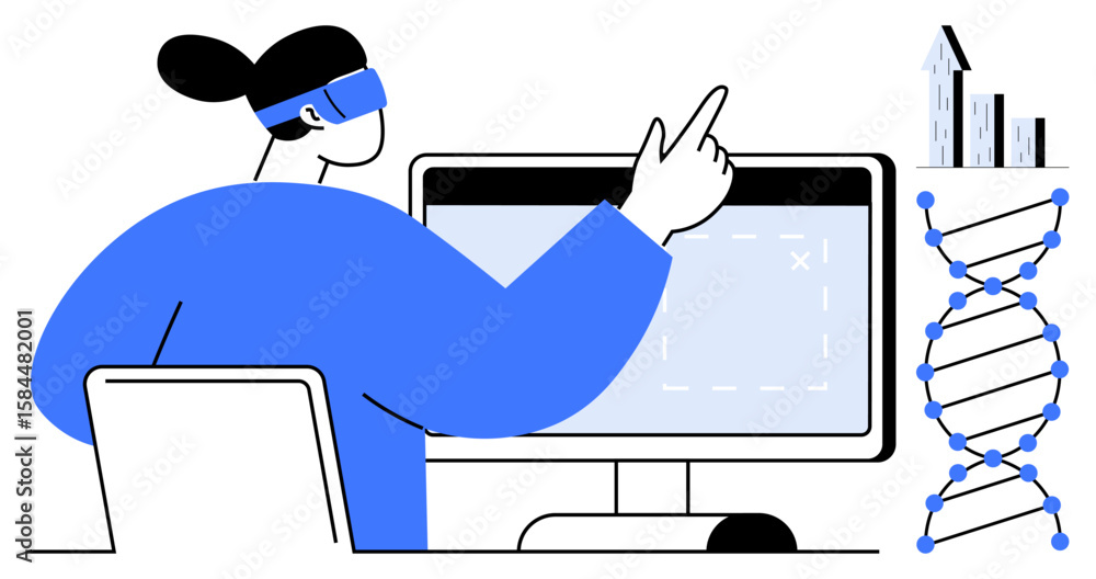 Poster scientist pointing at monitor, exploring ar elements and dna structure, with upward growth bar chart