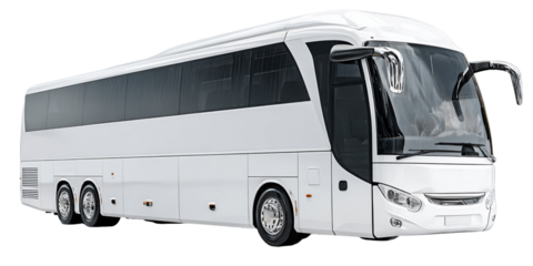 White Passenger Bus with Tinted Windows on Transparent Background Sleek Design for Touring Travel and Passenger Transportation Modern Urban Road Vehicle, PNG