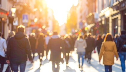 Blurred crowd of shoppers walking on a sunny, busy city street, light flares in background.