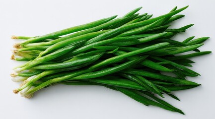 Fresh green scallions, tightly clustered, on a white background