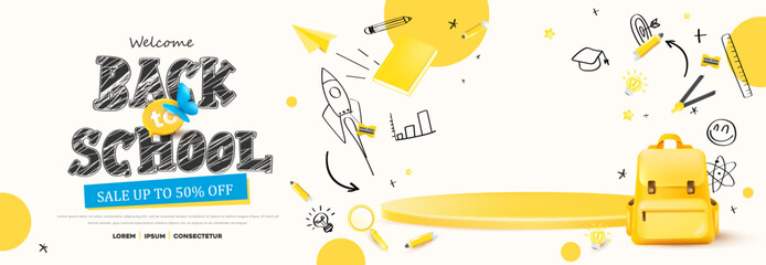 Back to school sale banner with backpack and education icons on white background with yellow podium and copy space for product display