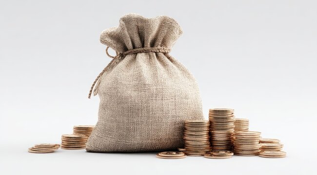 Beige canvas money bag with gold coins