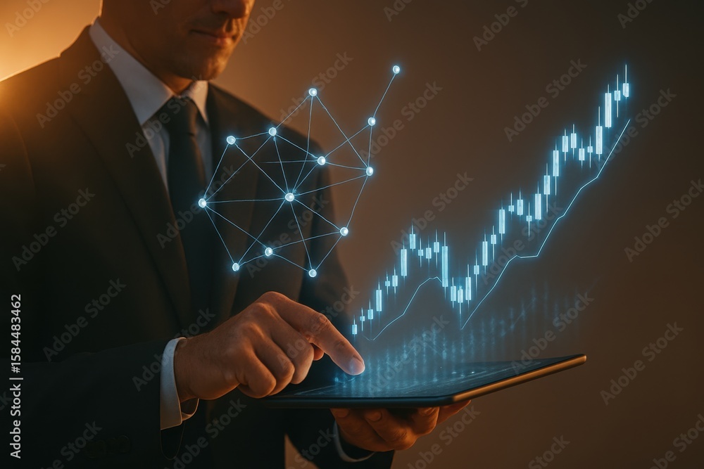 Poster professional businessperson using digital tablet to analyze data with holographic graphs and network