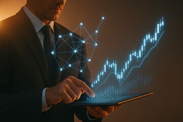 Professional businessperson using digital tablet to analyze data with holographic graphs and network connections in a modern office setting