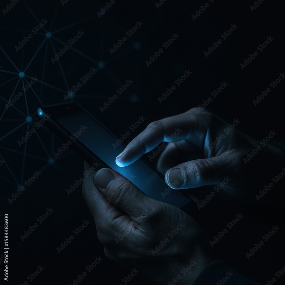 Poster hands using smartphone with digital network connections on dark background in modern technology conc