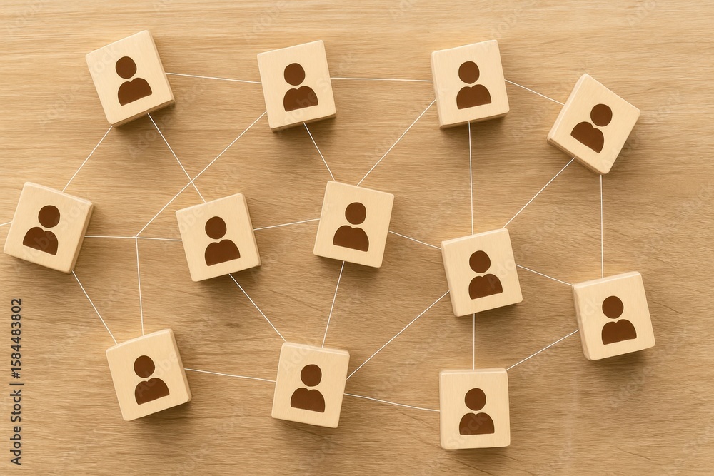 Poster network connection of people icons in wooden blocks representing social interaction and relationship