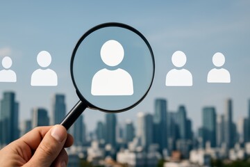 Person Search Concept with Magnifying Glass Over City Skyline and User Silhouettes Representing Recruitment, Talent Acquisition, and Human Resources Efforts