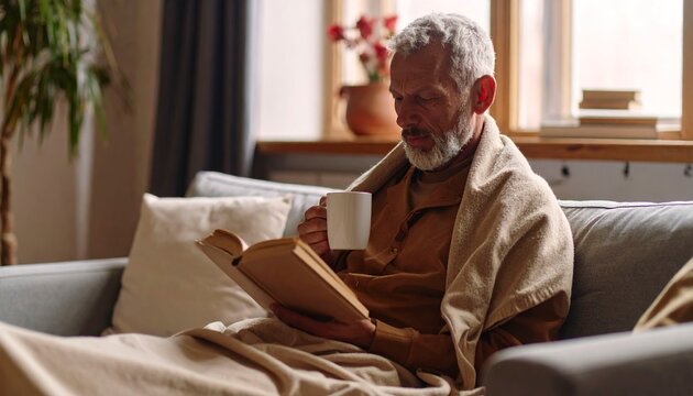 Old man sitting comfortably on couch, sipping tea, enjoying a book by the window.