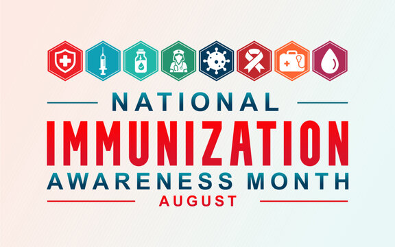 National Immunization Awareness Month. August celebrates immunization month with a banner or poster featuring icons of various medical devices, nurses, and ribbons. Best for banners, posters, card.