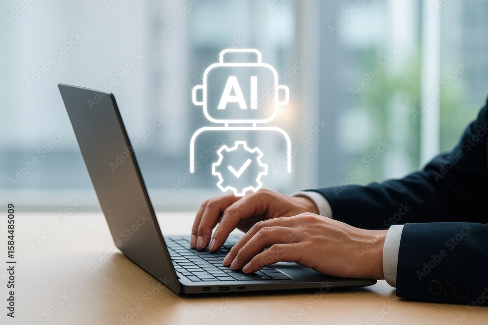 Poster hands typing on a laptop keyboard with an artificial intelligence icon in a modern office setting, r