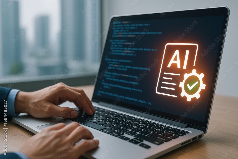Poster modern coding environment with ai concept and hands on laptop keyboard in urban office setting