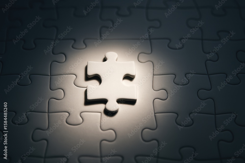 Poster single white puzzle piece illuminated on dark background with shadows and light creating a sense of 