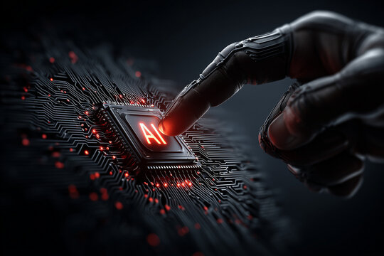 AI-generated close-up of a human finger touching a glowing AI symbol on a digital interface 