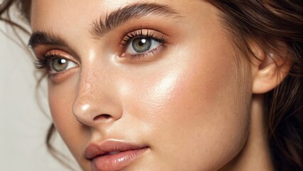 Close-up of a woman with shimmering makeup and a natural look.