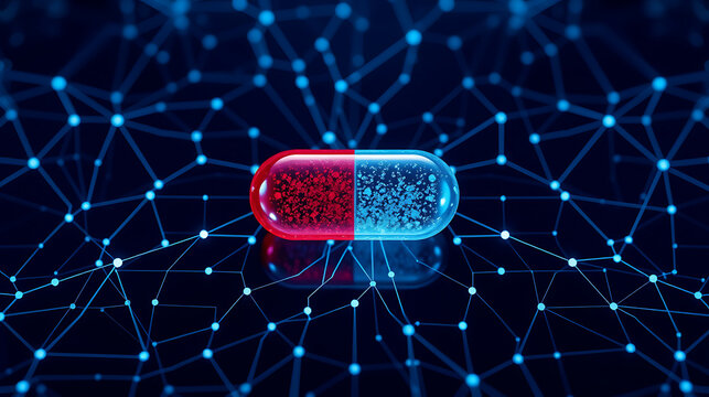 A futuristic medicine capsule in red and blue, representing technology and pharmaceutical research, with a networked background. - Powered by Adobe
