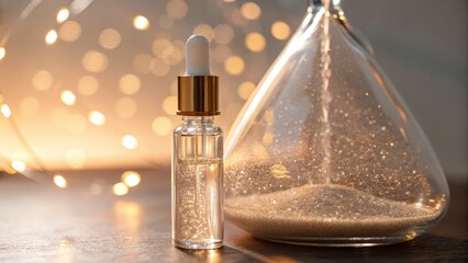 A glass dropper bottle next to a round flask with sparkling liquid.