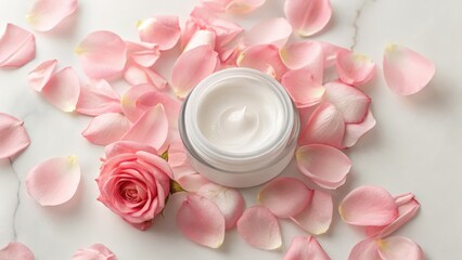 Cream jar surrounded by pink rose petals and a rose.