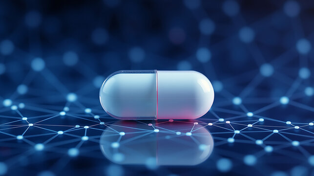White capsule against a glowing blue digital backdrop showcases pharmaceutical technology and medical advancement.