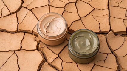 Two jars of cosmetic clay on cracked earth surface.