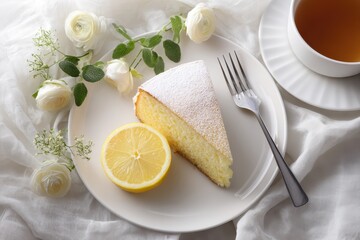 Lemon cake on a white plate for breakfast