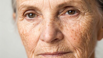 Close-up portrait of an elderly woman's face with deep wrinkles and expressive eyes.