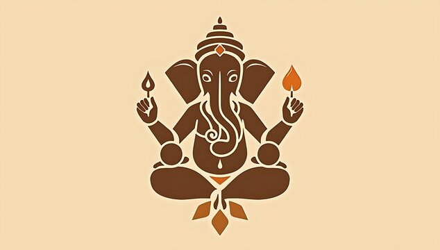 Minimalist vector illustration of Lord Ganesha in abstract geometric style, with warm earthy tones and clean lines. The deity is shown sitting in a meditative posture with symmetrical balance and mode