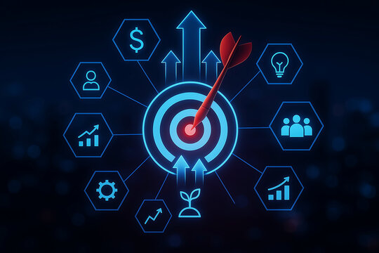 Dart hitting bullseye on target surrounded by glowing blue business icons and growth arrows