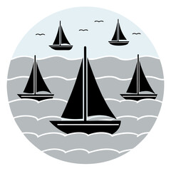 Black sailboats on gray water under light blue sky