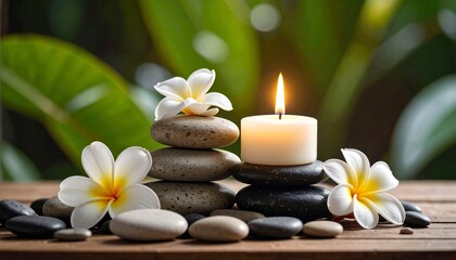 Relaxing spa moment with candlelit stones and white frangipani, calming atmosphere.