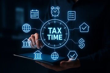 Man touching screen with tax time concept and financial icons