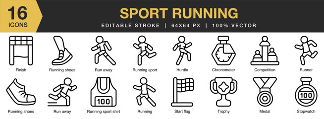 Sport Running icon set. Editable Stroke Icon Collection. Includes sport, training, exercise, fitness, healthy, and More. Outline icons vector collection.