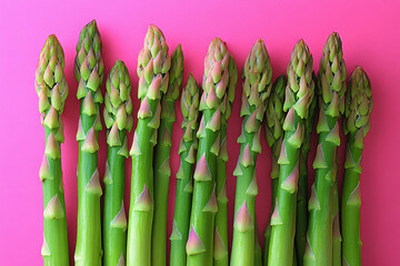 Bunch of asparagus on pink background.