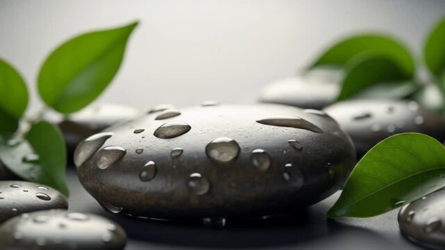 Serene Spa Still Life: Water Droplets on Smooth Stones with Green Leaves
