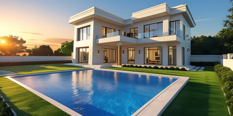Fototapeta premium Modern White Mansion with Pool Reflecting Sunset and Lush Green Lawn