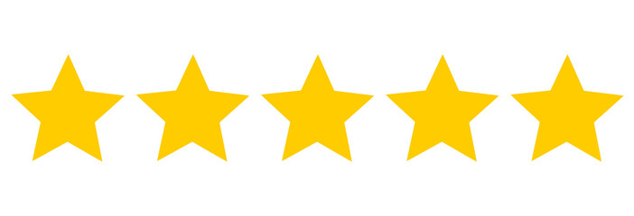 Gold star rating bar with five yellow stars. Transparent PNG for review badges, feedback ratings, score icons, and positive testimonial graphics