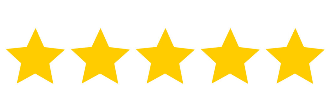 Gold star rating bar with five yellow stars. Transparent PNG for review badges, feedback ratings, score icons, and positive testimonial graphics