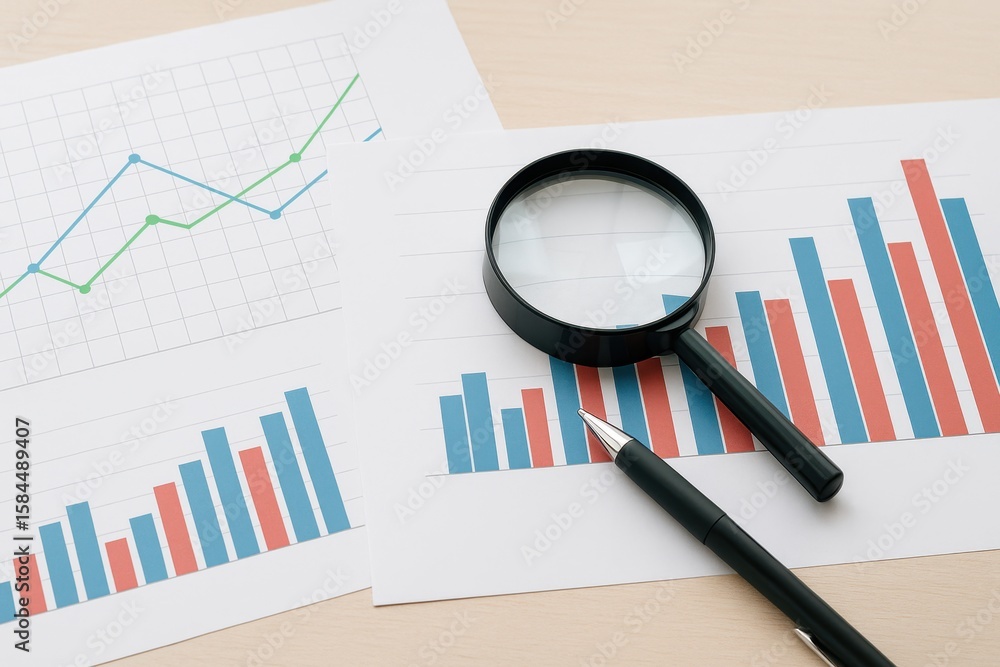 Aufkleber business analytics overview with magnifying glass and pen on financial graph paper showing data tren