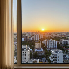 A stunning cityscape view at sunset, framed by a window with curtains.