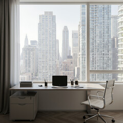 Modern office setup with a laptop on a desk overlooking a cityscape through a large window.