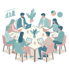 Business team in a meeting, discussing project plans around a table.