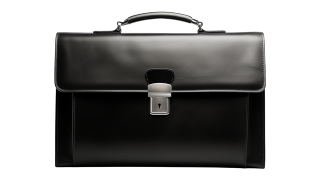 Stylish black leather briefcase stands out isolated on transparent background
